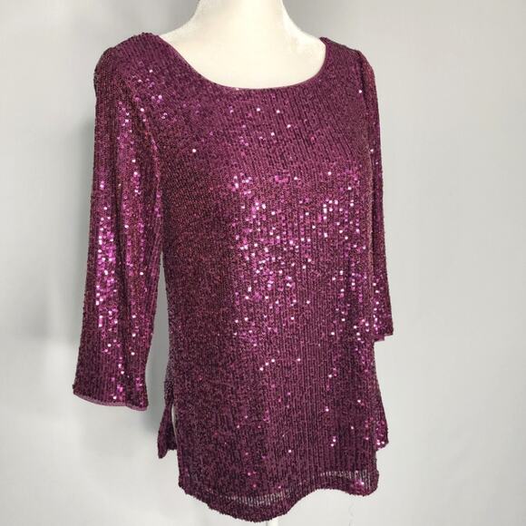 Alex Evenings Purple Sequin Short Sleeve Blouse Top Size Small NWT - Picture 3 of 5